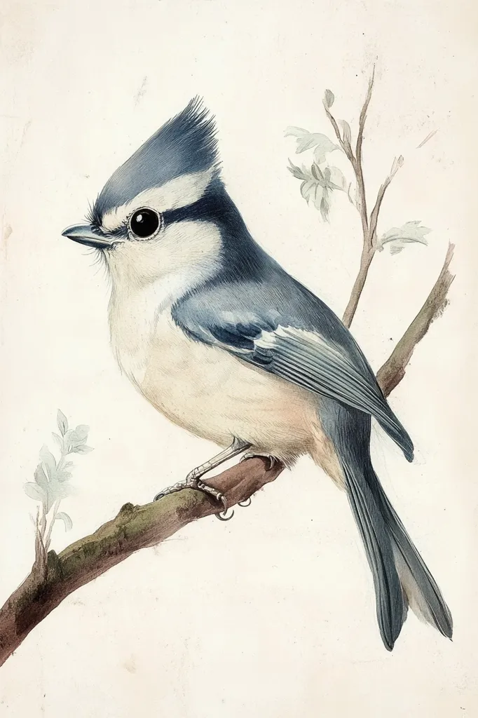 A detailed watercolor painting depicts a small bird perched on a slender branch.  The bird is predominantly pale beige on its underside, with a striking blue-gray crown and back.  Its dark eye is prominent.  Small, delicate branches with budding leaves are subtly rendered in the background. The style is reminiscent of classic ornithological illustration.