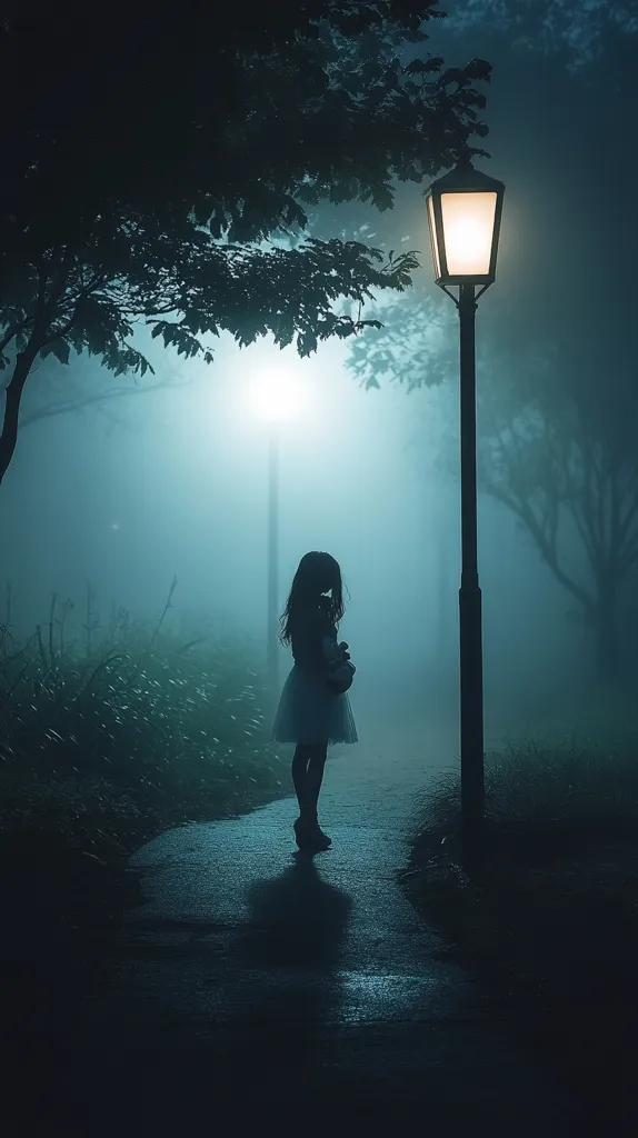 A lone girl, silhouetted against a misty night, stands on a path illuminated by a lamppost.  She clutches a teddy bear, her figure small and vulnerable in the ethereal glow.  Trees loom in the background, their branches draped in fog, creating a melancholic and mysterious atmosphere. The scene evokes feelings of loneliness and quiet contemplation.