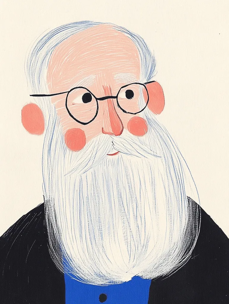 A stylized portrait of an elderly man with a long white beard and glasses.  He has rosy cheeks and a gentle expression. His hair is light gray, and he wears a dark jacket over a blue shirt. The painting style is simplistic, with visible brushstrokes, giving it a charming, hand-drawn quality.  The overall feeling is one of warmth and kindness.