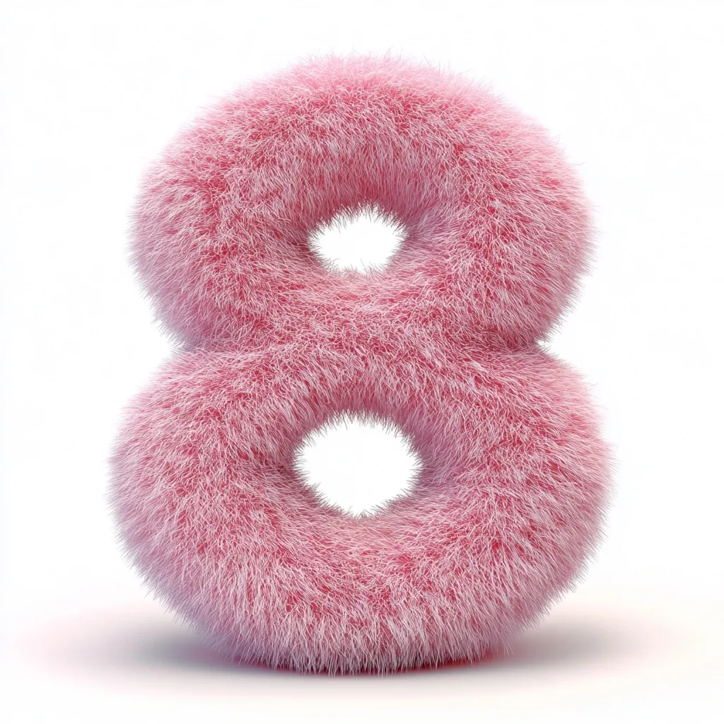 A fluffy, pink number eight is presented against a stark white background.  The number is rendered in a 3D style, appearing soft and textured like fur or plush material. The light pink color and fuzzy texture give it a playful and whimsical appearance, suitable for a variety of designs and contexts.  The image is clean and well-lit, highlighting the detail of the texture.