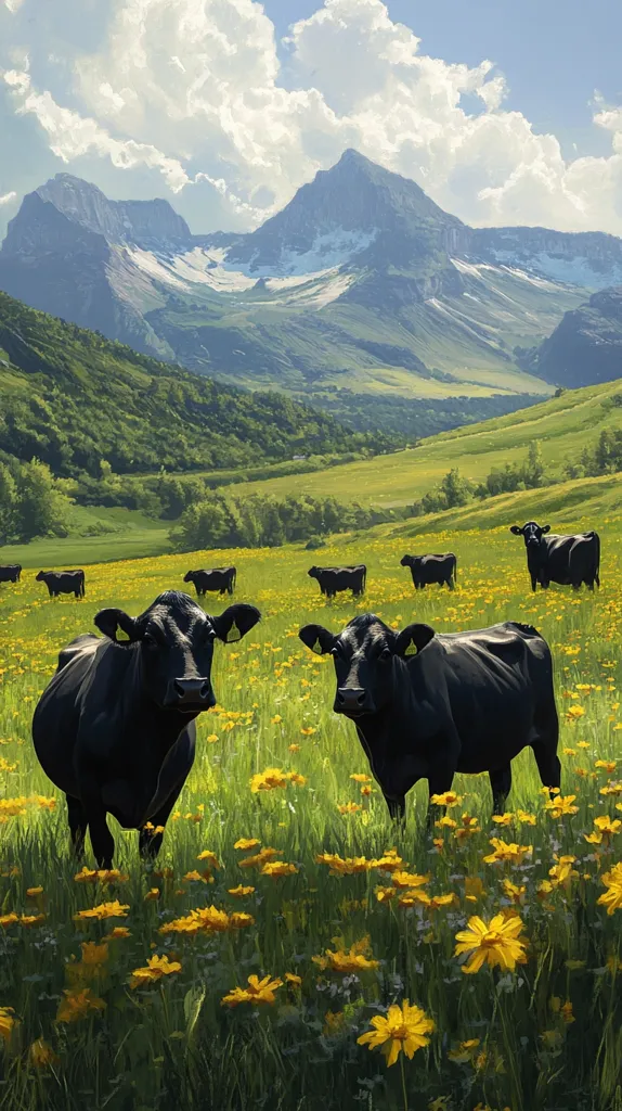 A picturesque landscape unfolds, showcasing a herd of black cows grazing peacefully in a vibrant meadow speckled with yellow wildflowers.  Towering snow-capped mountains form a majestic backdrop under a partly cloudy sky. The scene evokes a sense of tranquility and the beauty of nature's harmony.  Two cows stand prominently in the foreground, adding depth to the idyllic pastoral setting.