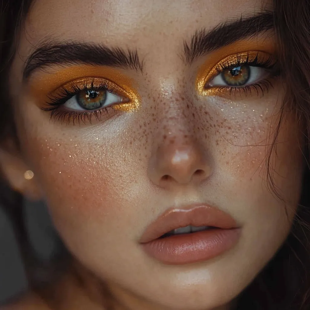 Close-up of a woman's face, showcasing a radiant complexion with natural freckles.  Her makeup features a warm, golden eyeshadow that complements her green eyes and defined brows.  A soft, neutral lip color completes the look, creating a naturally enhanced and ethereal aesthetic.  Subtle shimmer adds a touch of luminosity to her cheeks and eyes.