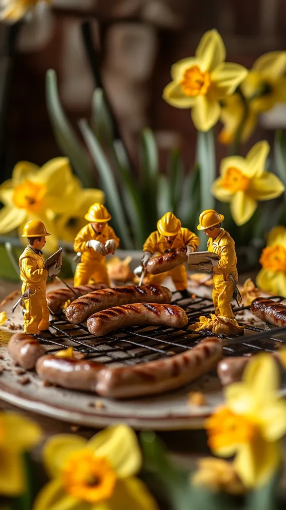 Miniature construction workers in yellow hard hats grill sausages on a small barbecue.  The scene is surrounded by blooming yellow daffodils, creating a whimsical and charming contrast between the industrial task and the springtime flowers.  The sausages are browning nicely on the grill, suggesting a pleasant outdoor meal.