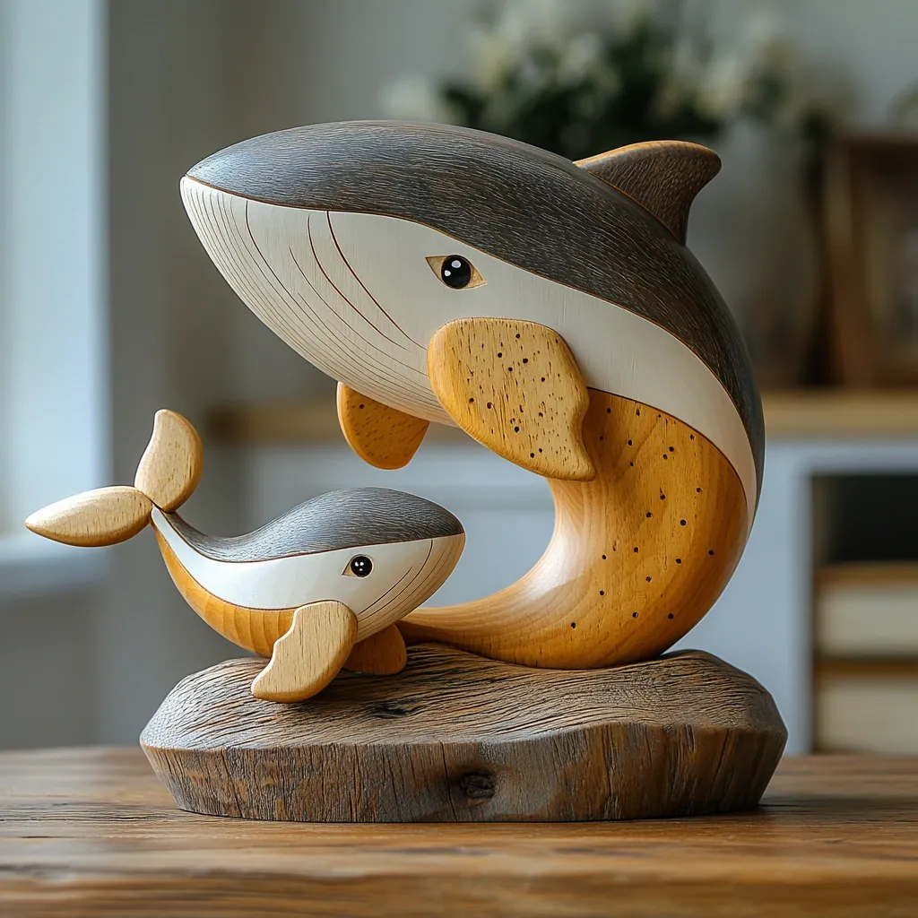 A charming wooden sculpture depicts a mother whale and her calf.  The whales are intricately carved with varying shades of wood, creating a realistic texture and color.  The mother whale's body gracefully curves, supporting her young. They rest on a rustic wooden base, enhancing the natural aesthetic. The sculpture's detail and heartwarming scene make it a delightful piece of art.