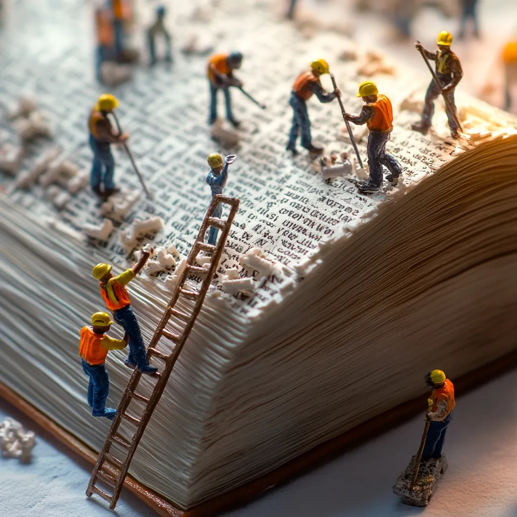 Miniature construction workers meticulously repair a colossal, open book.  They use tiny tools and a ladder to mend the aged pages, their small figures dwarfed by the immense scale of the text.  The scene depicts the painstaking effort involved in preserving and maintaining knowledge, symbolized by the book.  Debris from the damaged pages lies scattered around the base.