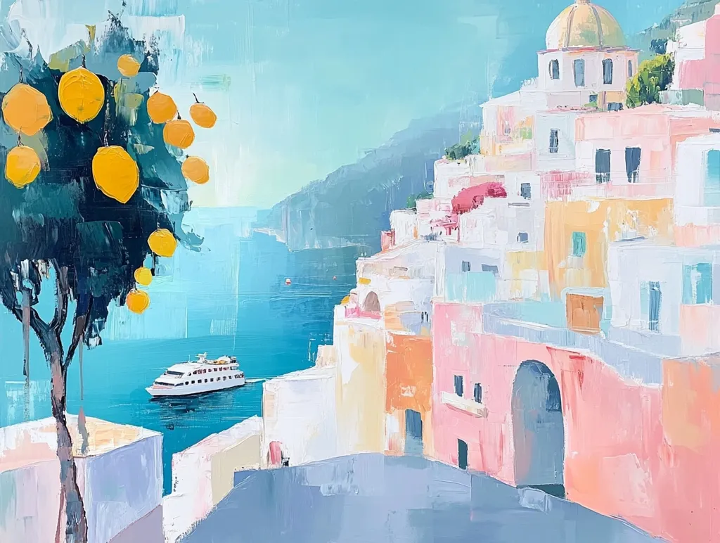 A vibrant, impressionistic painting depicts a sun-drenched coastal town, possibly in Italy.  Pastel-colored buildings cascade down a hillside towards a clear blue sea. A lemon tree laden with fruit stands in the foreground, contrasting with the architectural scene.  A small passenger ship sails on the tranquil water in the mid-ground. The artist uses thick, textured brushstrokes to create a sense of warmth and light.