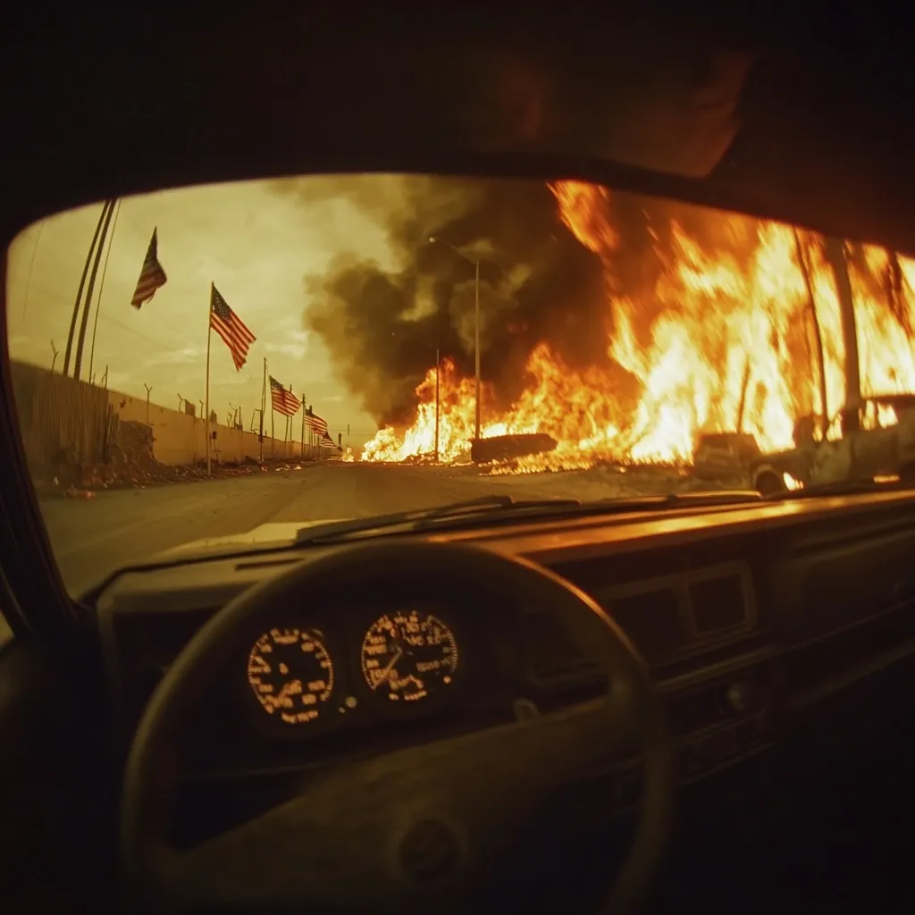 A car's interior view shows a massive fire raging in the distance, engulfing numerous vehicles.  American flags line the roadside, creating a stark contrast against the fiery chaos.  Thick black smoke billows into the sky, casting an ominous orange glow on the scene.  The perspective is from within the vehicle, emphasizing the immediacy and potential danger of the situation.