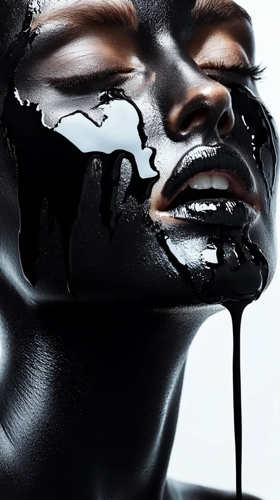 A close-up shot of a woman's face covered in a glossy, black substance that drips down her neck. Her eyes are closed, and her expression is serene. The black paint or liquid creates a dramatic contrast against her skin, highlighting her features. The image has a dark, moody aesthetic.