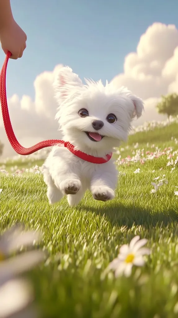 A fluffy white Maltese puppy joyfully runs across a vibrant green field dotted with daisies.  A hand gently holds a red leash, guiding the playful pup. The sunny scene is idyllic, with fluffy white clouds in a bright blue sky forming a picturesque background. The puppy's cheerful expression and lively gait capture a moment of pure canine happiness.