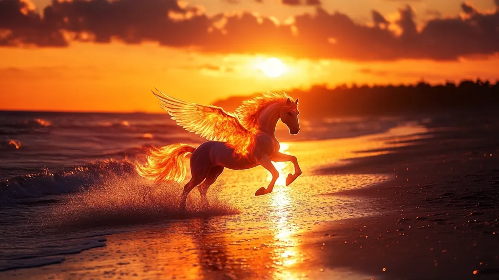 A majestic white pegasus with fiery wings and mane gallops along a beach at sunset.  The vibrant orange hues of the sky and water reflect the horse's fiery features.  Waves lap gently at the shore as the pegasus runs, creating a splash of water.  The scene is both magical and serene, evoking a sense of wonder and freedom.