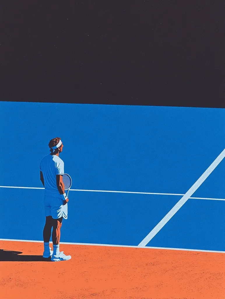 A stylized illustration depicts a tennis player standing on a vibrant orange court, facing a bright blue tennis court.  The player, in white shorts and shirt, holds a tennis racket. The dark background contrasts sharply with the bold colors of the court. The image is clean and graphic in style, emphasizing strong geometric shapes and flat color.