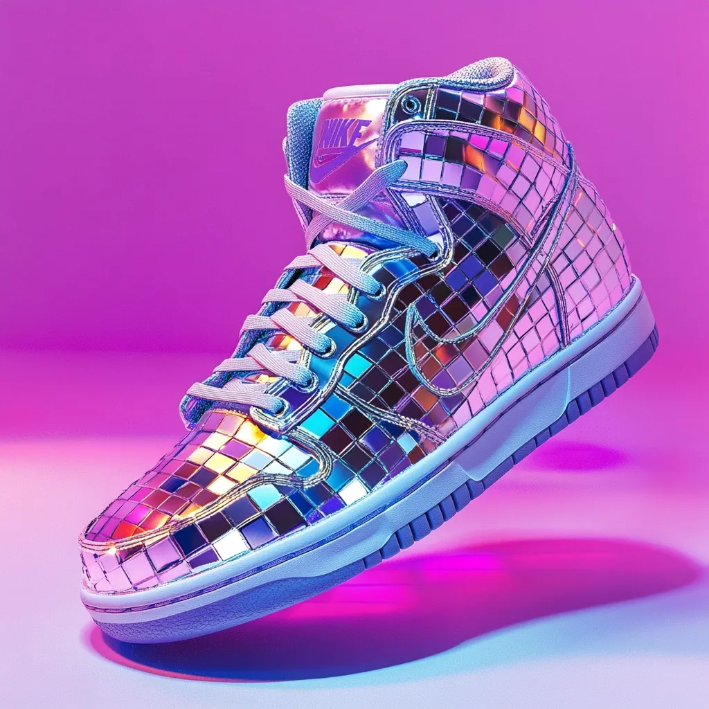 A Nike Dunk High sneaker, adorned in a dazzling iridescent disco ball design.  The shoe's upper is entirely covered in small, mirrored squares, reflecting vibrant purple and pink light.  Light purple laces and a light blue sole complete the futuristic, 80s-inspired aesthetic. The Nike swoosh logo is visible, subtly integrated into the mirrored design.