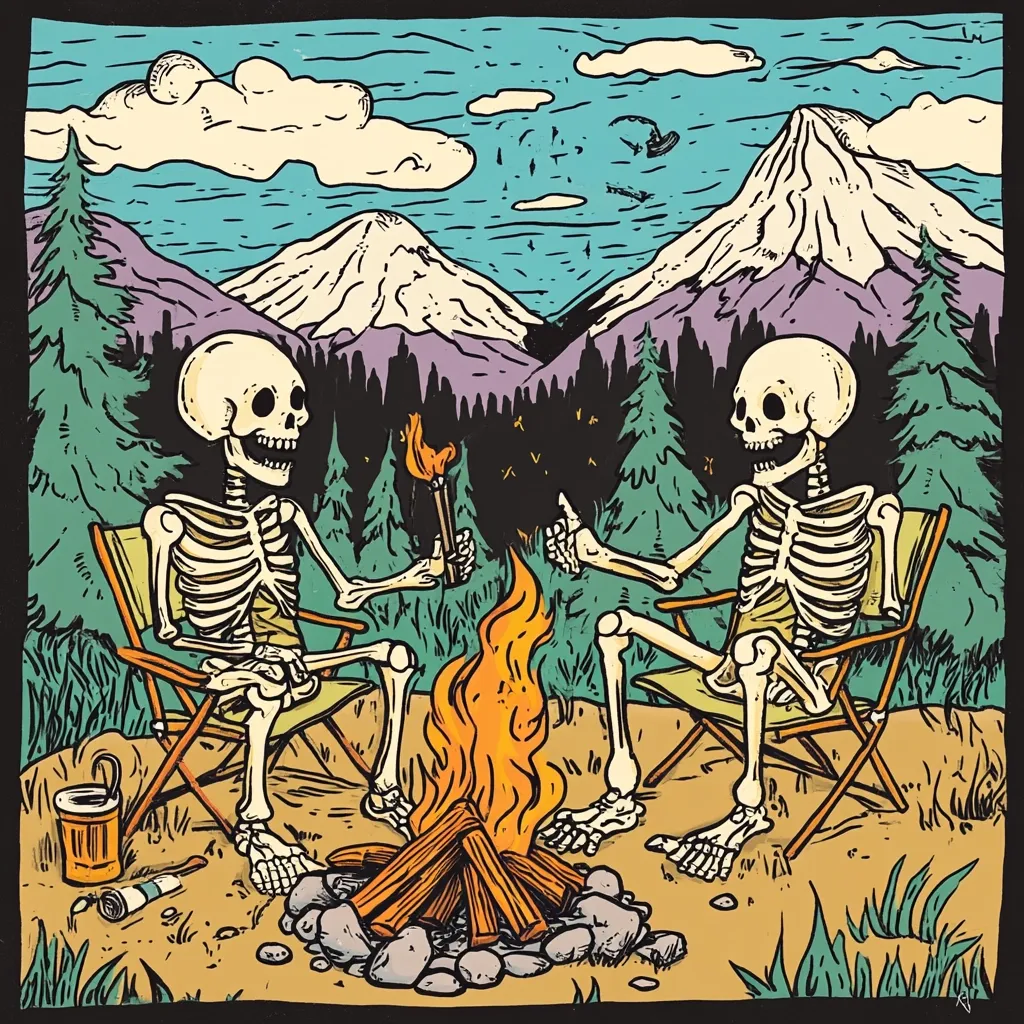Two skeletons sit in camping chairs around a bonfire in a mountainous forest.  They are cheerfully enjoying the fire, one holding a torch. The scene is rendered in a vibrant, cartoonish style with bold outlines and colors, reminiscent of vintage printmaking.  Snow-capped mountains provide a dramatic backdrop to this whimsical campfire scene.  A discarded can and bottle lie near the fire.