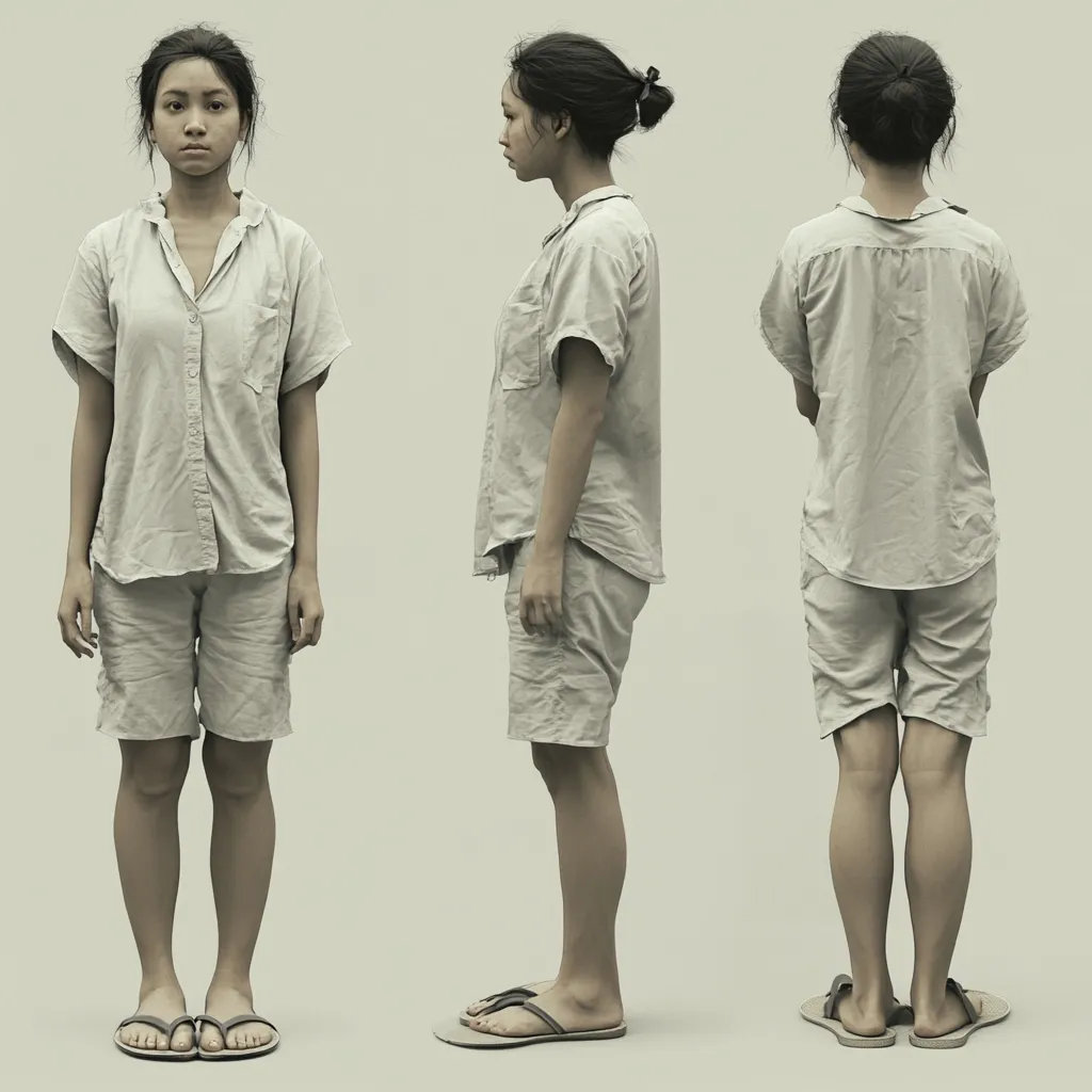 The image shows a three-quarter view of a young woman in a light beige short-sleeved shirt and shorts. The woman is depicted from the front, side, and back, showcasing her attire and posture.  Her hair is pulled back. She is wearing simple flip-flops. The overall tone is muted and slightly sepia-toned, giving a calm and somewhat melancholic feel.
