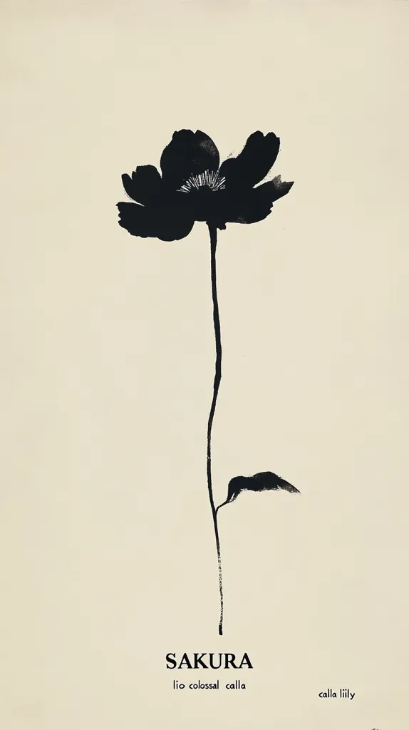 A minimalist black and beige artwork features a single, stylized black calligraphic rendering of a flower, reminiscent of a calla lily or a large blossom.  The stem extends vertically, culminating in a single leaf near the base. The word "SAKURA" is displayed below, along with the botanical description "lio colossal calla" and "calla lily". The overall style is elegant and suggestive of Japanese aesthetics.