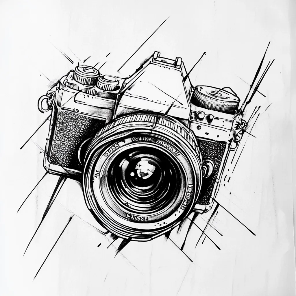 A striking black and white ink drawing depicts a vintage 35mm film camera.  The detailed rendering emphasizes the camera's lens and body, showcasing its intricate mechanical details.  Surrounding the camera are dynamic, expressive lines suggesting movement and energy, creating a sense of motion and capturing the essence of photography.  The style is reminiscent of technical illustration and graphic design.