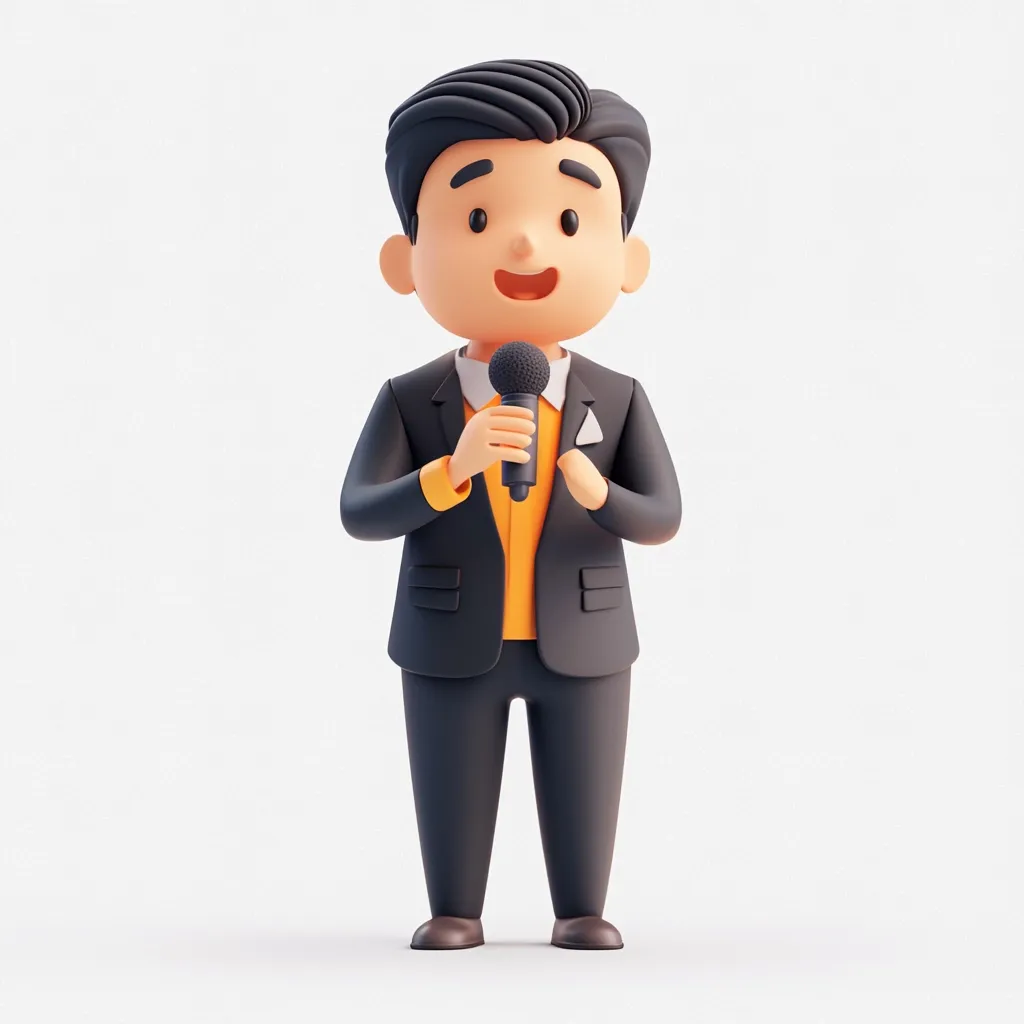 A cheerful 3D cartoon man, dressed in a dark suit and orange shirt, stands holding a microphone.  He has dark hair and a friendly expression, suggesting he's about to give a speech or presentation. The style is simplistic and playful, ideal for presentations or communication-related visuals. The background is plain white, focusing attention on the character.