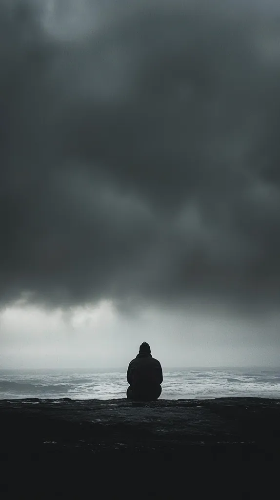 A lone figure sits on a dark, rocky shore, facing a turbulent ocean under a brooding, overcast sky. The silhouette of the person is stark against the dramatic, monochrome landscape.  The atmosphere is somber and contemplative, evoking a sense of isolation and introspection. The vastness of the sea and sky emphasizes the smallness of the human form.