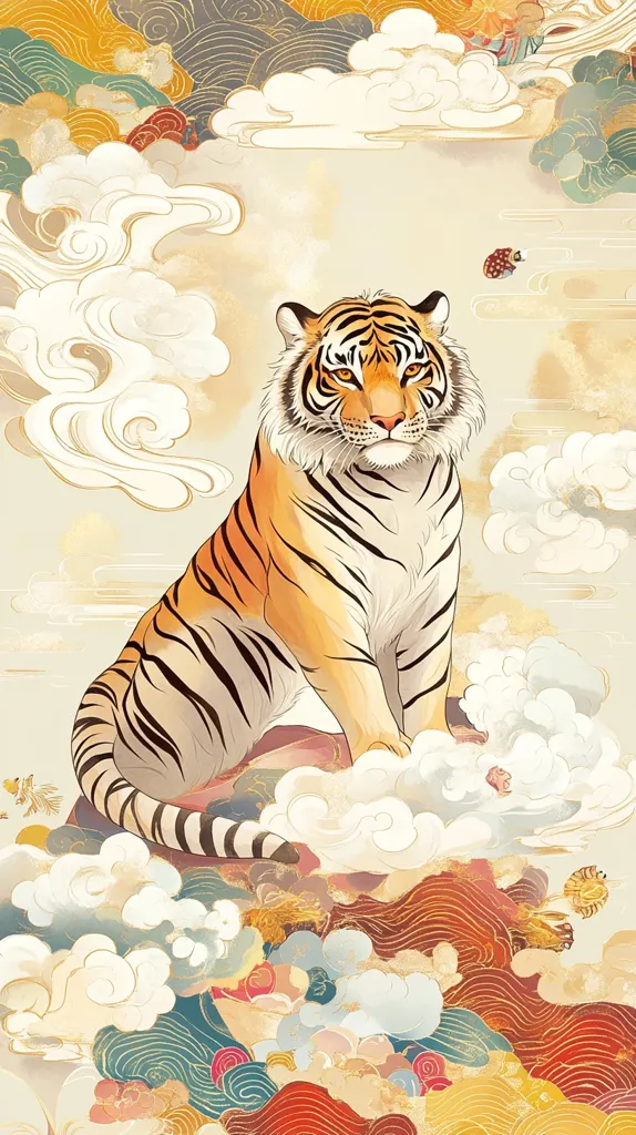 A majestic tiger, rendered in a style reminiscent of East Asian art, sits serenely amidst swirling clouds and stylized waves.  Its orange and black stripes are vividly depicted, and the background features a rich palette of golds, reds, and blues.  The overall effect is one of serene power and majestic beauty, combining animal portraiture with an intricate landscape.  The image is likely inspired by traditional Chinese or Japanese artistic motifs.