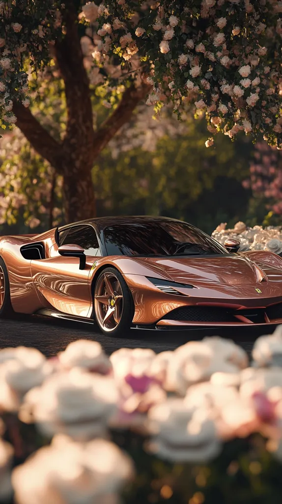 A rose gold Ferrari SF90 Stradale is parked under a blossoming tree.  The car's metallic paint gleams in the soft light, contrasting beautifully with the delicate pink and white roses in the foreground and background. The scene evokes a feeling of luxury and serenity, a perfect blend of nature's beauty and automotive elegance.  The focus is on the car, subtly framed by the flowering branches and blurred floral backdrop.