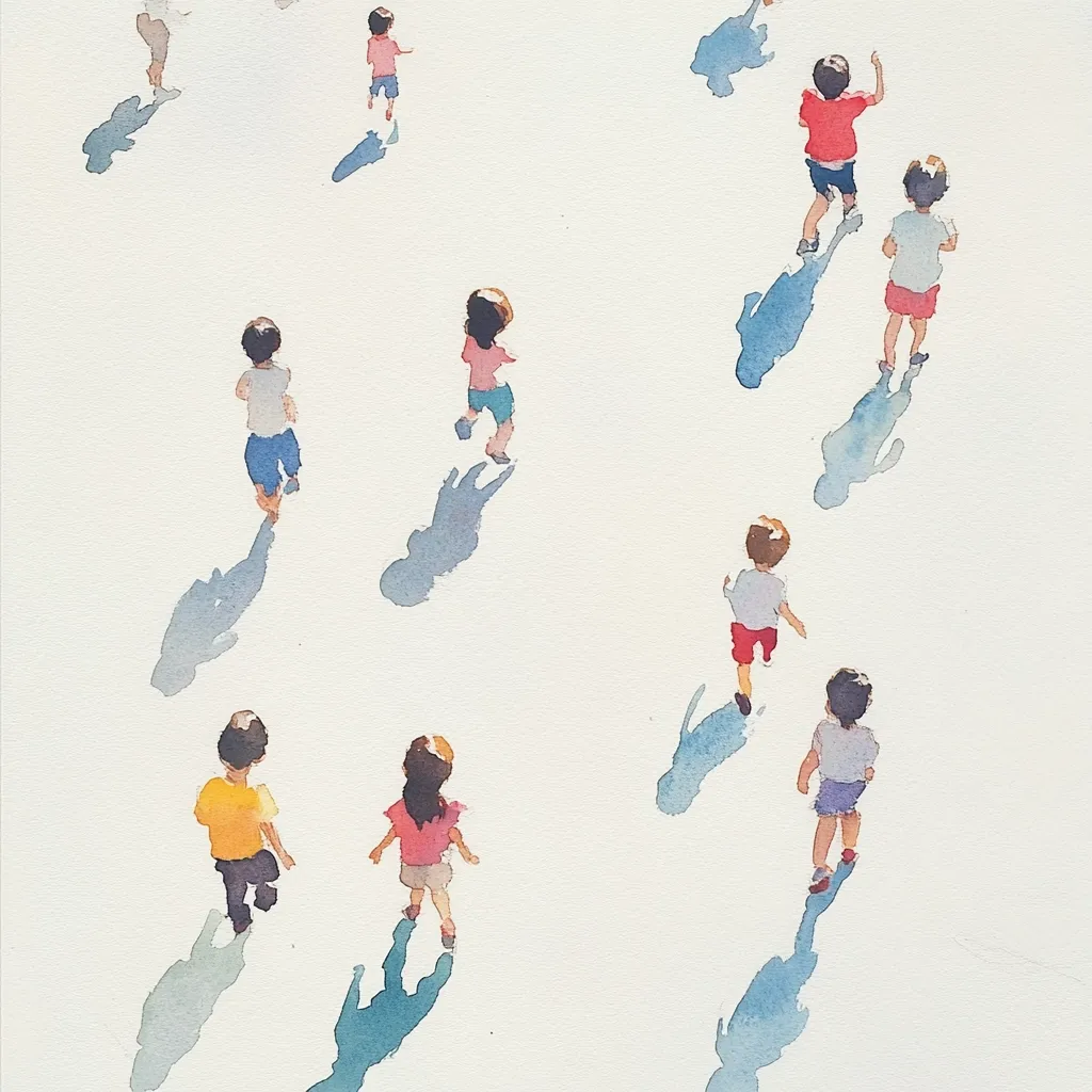 A watercolor painting depicts numerous children, viewed from above, strolling across a light-toned surface.  Their shadows stretch behind them, adding depth to the scene. Each child is dressed in varying casual attire, creating a lively and playful atmosphere. The loose watercolor style contributes to a sense of movement and freedom.