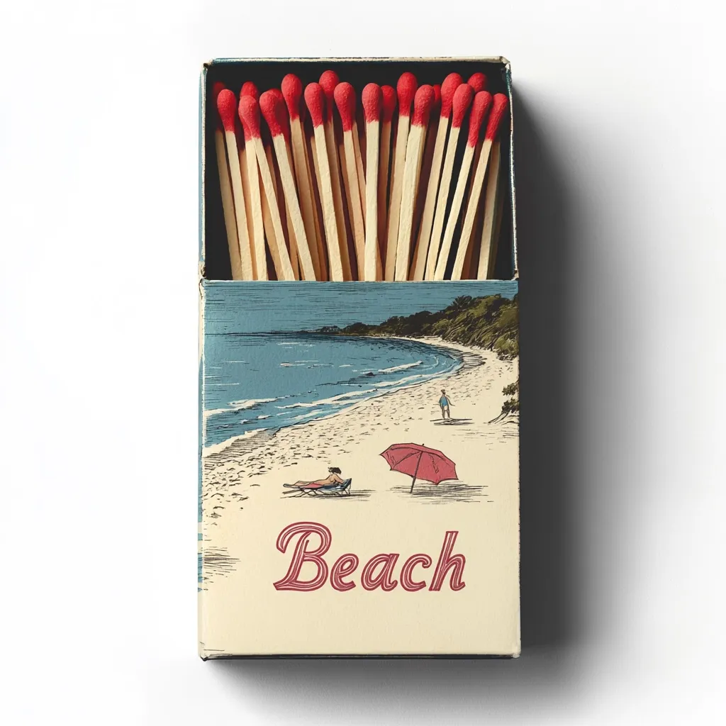 A matchbox, full of matches with red tips, features a charming illustration of a beach scene.  The box's design includes a sandy shore, calm ocean waves, a red umbrella, and figures relaxing on the beach.  The word "Beach" is prominently displayed on the box in a stylized font, enhancing the seaside theme.  The overall aesthetic is vintage and evocative of summer holidays.
