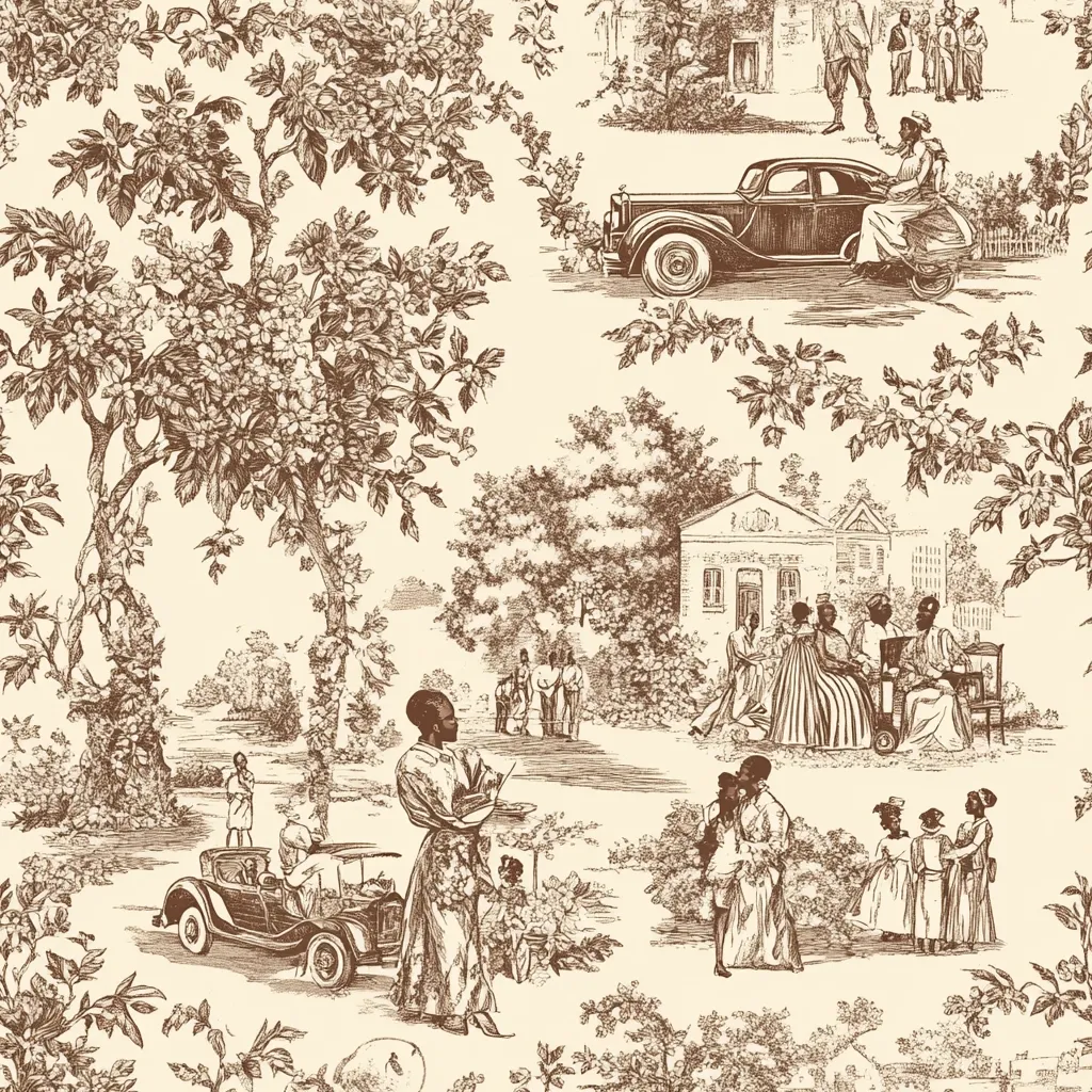 A sepia-toned toile pattern depicts idyllic scenes of African American life in the early 20th century.  People are shown in various activities:  church, socializing, driving vintage cars, and enjoying the outdoors.  The design incorporates lush flowering trees and a quaint church building against a cream background. The overall style evokes a nostalgic and peaceful atmosphere.