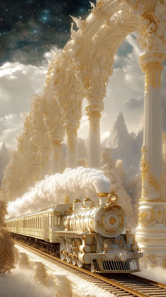 A majestic, ornate white and gold steam train chugs along a track, its plume of white smoke billowing in a fantastical landscape.  The train travels beneath a towering, intricately carved archway, supported by grand pillars, all rendered in the same luxurious white and gold.  The background features snowy, mountainous terrain under a starry sky.  The overall scene is ethereal and dreamlike.