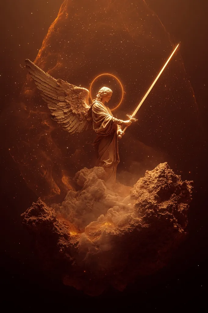 A majestic angel, rendered in a golden hue, stands amidst a cosmic landscape.  Large wings extend behind it, and the angel grips a long sword.  Surrounding the figure is a swirling nebula of orange and brown, suggesting celestial fire and dust.  A halo of light encircles the angel's head, enhancing its divine aura. The scene is both powerful and ethereal, evoking a sense of otherworldly might and celestial conflict.