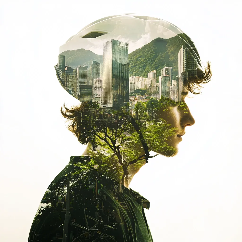 A double exposure image depicts a person wearing a bicycle helmet.  The helmet and the person's head are superimposed with a cityscape nestled amongst lush green hills and trees.  The overall effect suggests a harmonious blend of urban life and nature, or a vision of sustainable city living. The subject's profile is visible, facing right, conveying a contemplative mood.