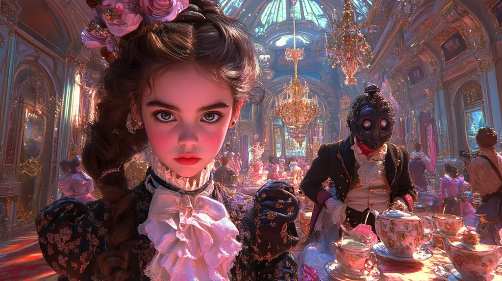 A young girl, adorned in an ornate, dark dress and pink floral headpiece, stares intensely at the viewer.  She's positioned in a lavish, opulent ballroom filled with elegantly dressed figures, some masked.  The scene is vibrant and dreamlike, with a blend of fantasy and historical elements, creating a surreal and captivating atmosphere.  A masked man serves tea in the background, adding to the mysterious ambiance.