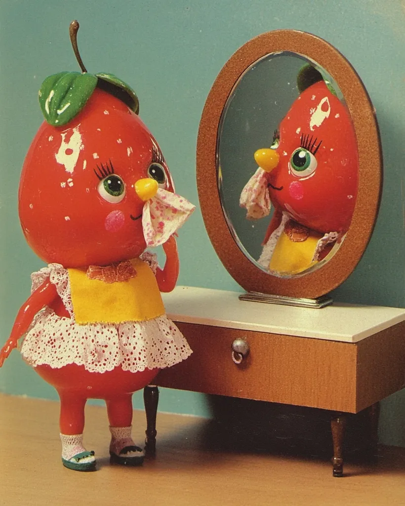 A whimsical strawberry-shaped doll, wearing a yellow apron and lacy dress, stands before a vanity mirror.  The doll holds a handkerchief to its nose, its large eyes and cheerful expression mirroring its reflection. The miniature vanity features a single drawer and is crafted in warm wood tones, complementing the doll's vibrant red and green hues. The scene is charming and nostalgic.
