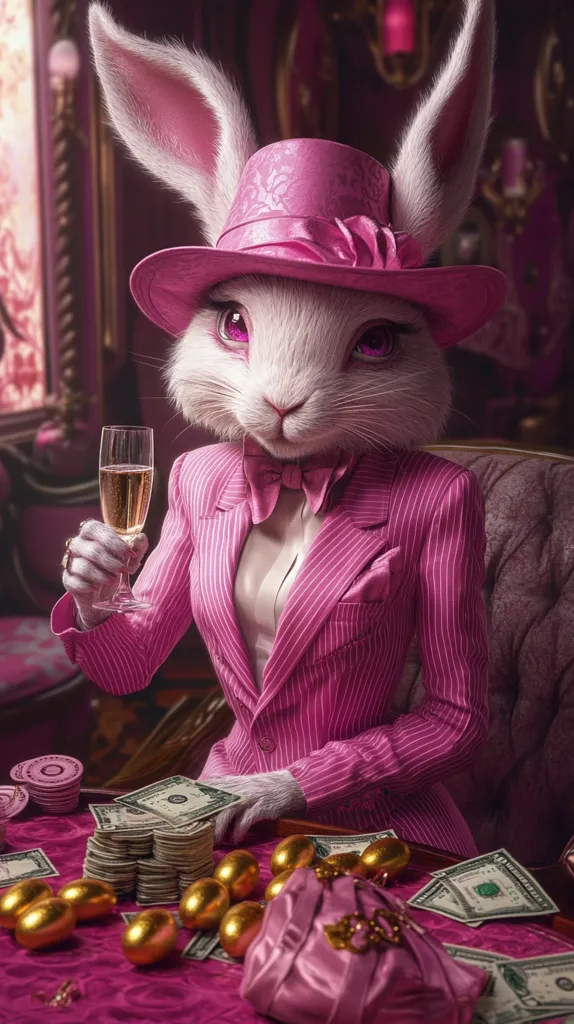 A sophisticated anthropomorphic rabbit, dressed in a pink pinstripe suit and hat, sits at a table.  It holds a glass of champagne and is surrounded by stacks of money, golden eggs, and a pink purse. The scene is opulent, set in a luxurious, pink-toned room. The rabbit exudes wealth and a playful, sophisticated air.