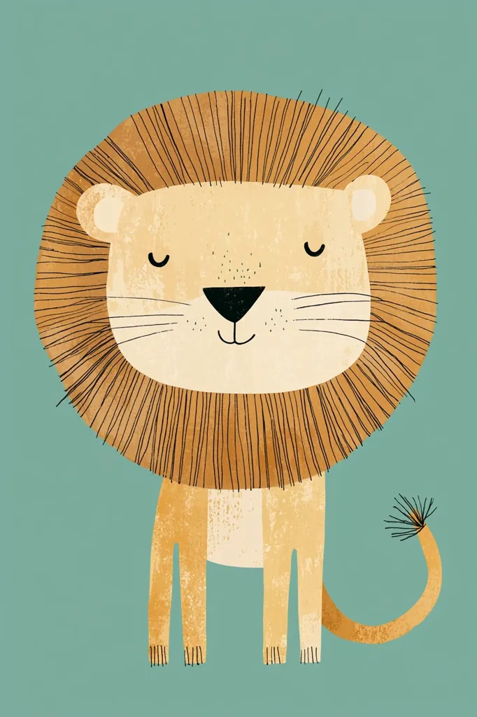 A stylized illustration of a lion against a teal background. The lion has a large, textured mane, simple features, and a small, bushy tail. Its eyes are closed, conveying a peaceful expression. The style is minimalist and childlike, using muted earth tones. The overall impression is one of gentle calmness and quiet strength.