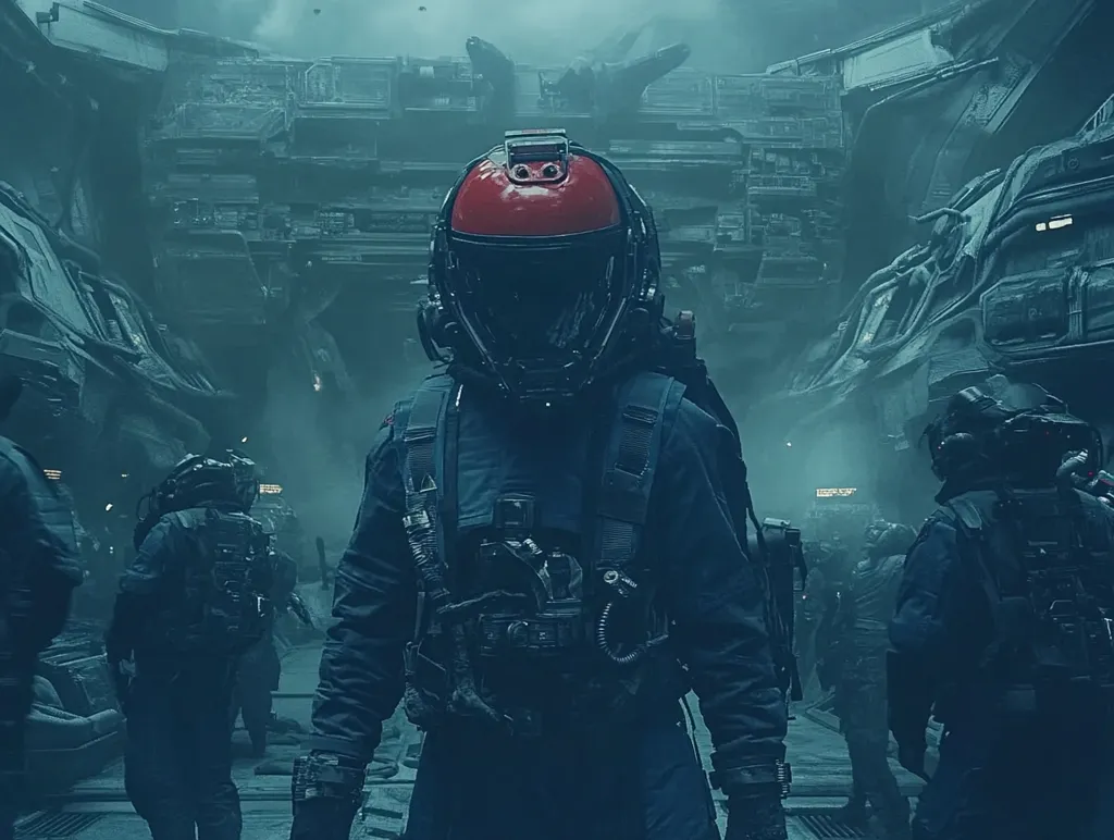 A lone astronaut, clad in dark futuristic armor with a red helmet, stands prominently in a dimly lit, cavernous space.  Surrounding them are other figures in similar gear, appearing as a squad amidst a vast, alien-looking industrial structure.  The atmosphere is hazy and suggestive of a sci-fi setting, possibly a derelict spaceship or alien base.  The overall mood is one of mystery and exploration.
