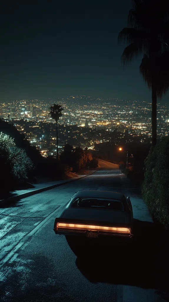 A classic car drives down a quiet road overlooking a sprawling city at night.  The cityscape is a glittering expanse of lights, contrasting with the dark, shadowy hillsides and lone palm trees.  The car's taillights glow softly, adding to the moody, cinematic atmosphere. The scene evokes a sense of solitude and nocturnal adventure.