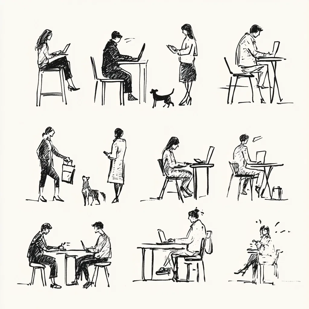 A collection of nine ink sketches depicts individuals engaged in various activities.  Several people work on laptops at small tables, others walk with dogs, or stand while using phones or documents.  The style is loose and expressive, capturing candid moments of everyday life. The drawings are rendered in black ink on a white background, creating a simple yet engaging visual narrative.