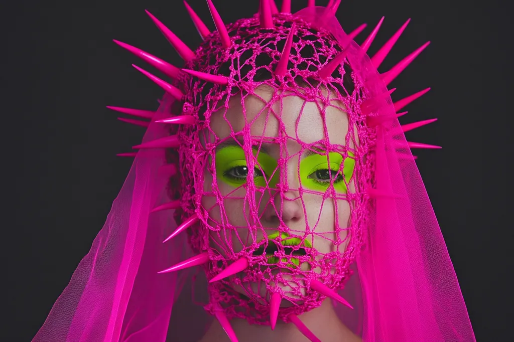 A woman's face is partially obscured by a vibrant pink crocheted mask adorned with sharp, pink spikes.  The mask is veiled by a sheer pink fabric, creating a dramatic and slightly unsettling effect.  Her makeup features bright green eyeshadow, complementing the bold pink tones. The overall aesthetic is striking and unconventional, blending elements of fashion and fantasy.