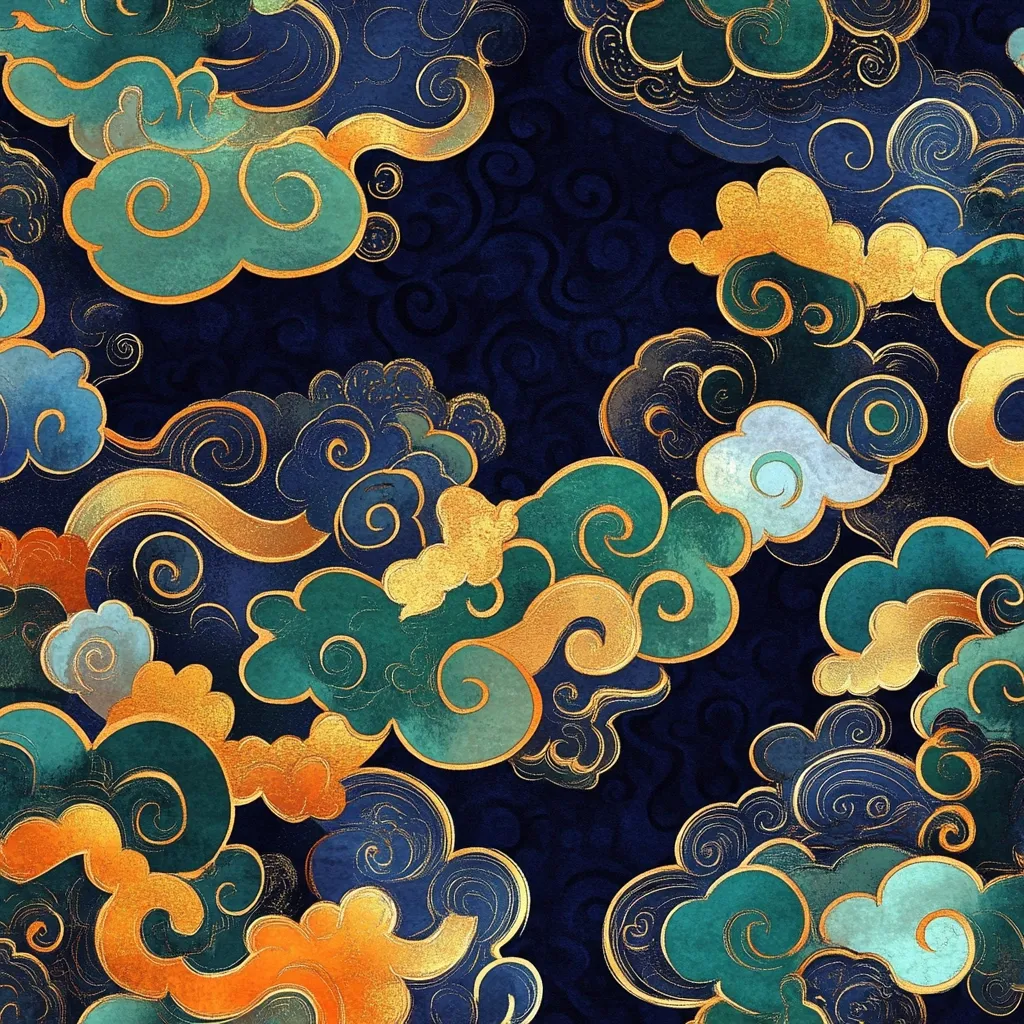 A luxurious textile design features stylized clouds in teal, gold, and orange hues against a deep navy background.  The clouds are intricately detailed with swirling patterns and gold accents, creating a rich, opulent effect.  The design evokes a sense of Asian-inspired artistry and elegance, possibly referencing traditional Chinese or Japanese cloud motifs.  The watercolor-like texture adds depth and visual interest.