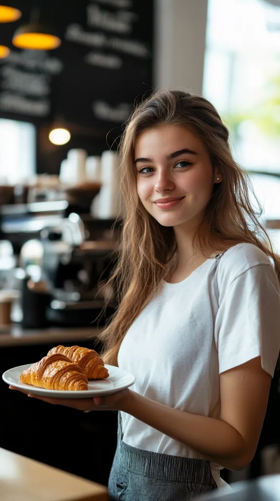 A young woman with long brown hair smiles warmly while holding a plate with two golden-brown croissants. She's wearing a simple white t-shirt and a grey apron, suggesting she works in a cafe or bakery.  The background is slightly blurred, showcasing a coffee shop environment with warm lighting and a menu board.  She appears friendly and inviting.