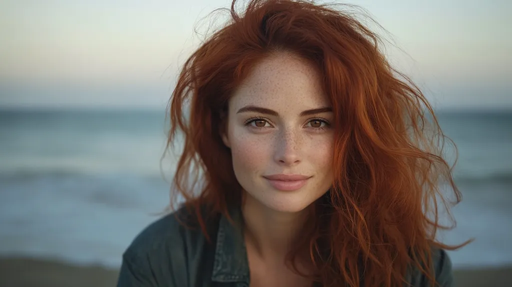 A young woman with vibrant red, wavy hair and freckles smiles gently at the camera.  She's wearing a dark green jacket and is positioned against a blurred background of a calm ocean. The soft lighting enhances her features and creates a serene atmosphere. Her expression is one of quiet confidence and natural beauty.