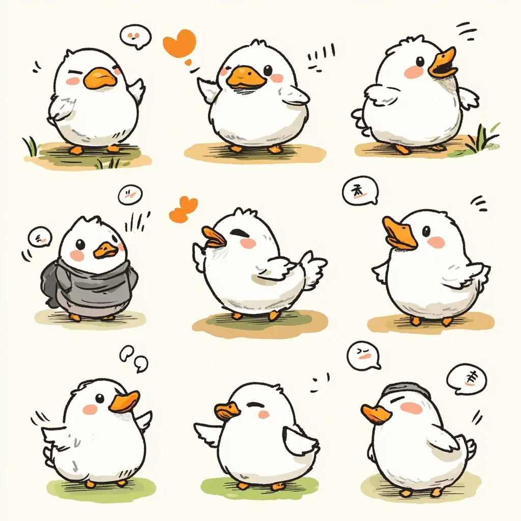 Nine adorable cartoon ducklings are depicted in various poses and expressions.  Some are winking, some are holding hearts, and others wear scarves or hats.  Each duckling is fluffy and white with orange beaks and feet, exhibiting a range of charming emotions in a hand-drawn style.  The background is a simple off-white.