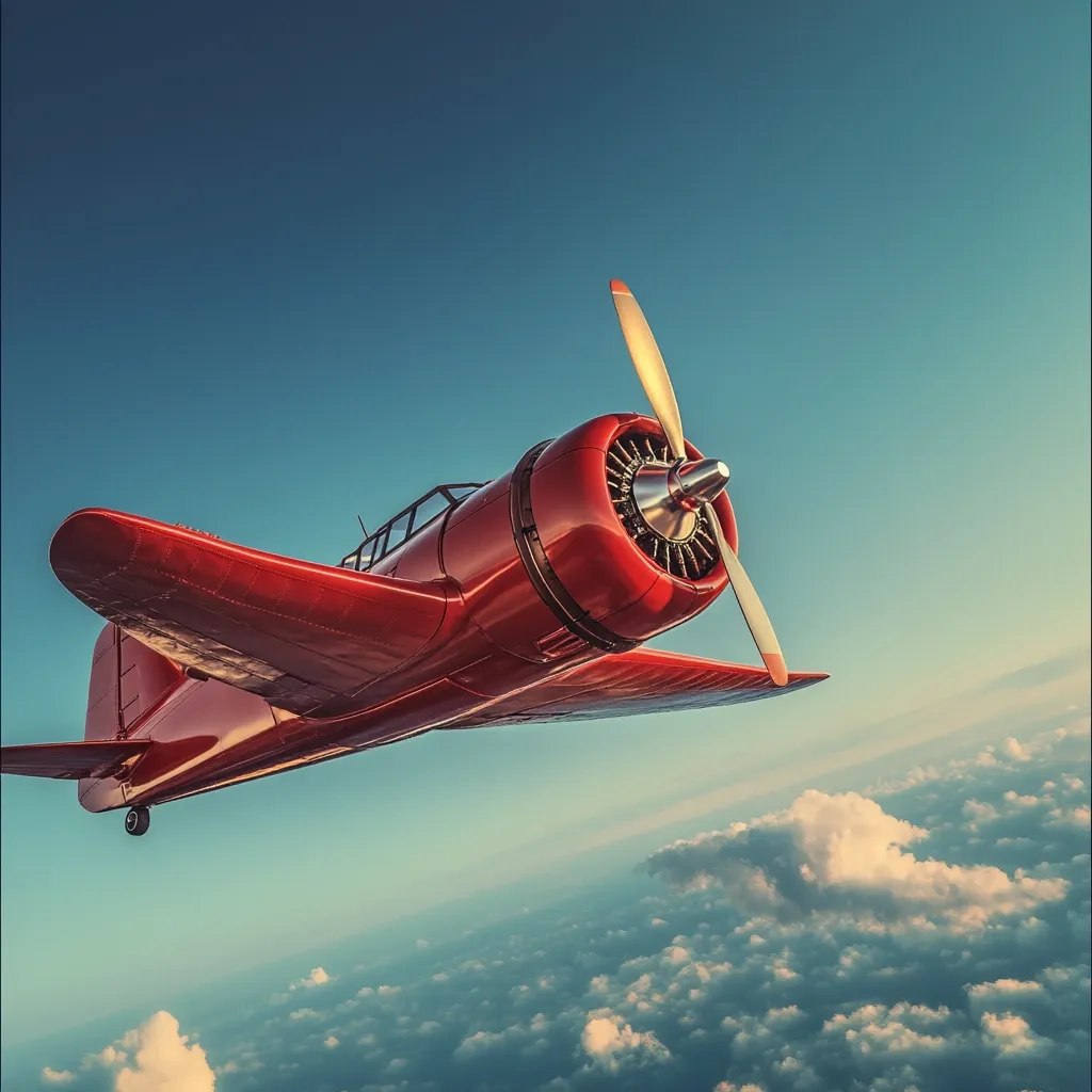 A vibrant red vintage airplane soars through a breathtaking, cloud-filled sky.  The propeller spins, suggesting motion and adventure.  The aircraft is depicted from a low angle, emphasizing its size and the vastness of the heavens above. The scene evokes a sense of nostalgia and freedom, reminiscent of classic aviation imagery.