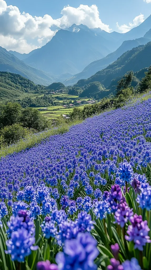 A vibrant hillside is blanketed in a sea of deep blue hyacinths, their blossoms creating a stunning contrast against the lush green valley below.  In the distance, majestic mountains rise under a partly cloudy sky, creating a breathtaking panorama.  A small village nestles within the valley, adding a touch of human presence to this idyllic landscape.  The scene evokes a feeling of tranquility and natural beauty.