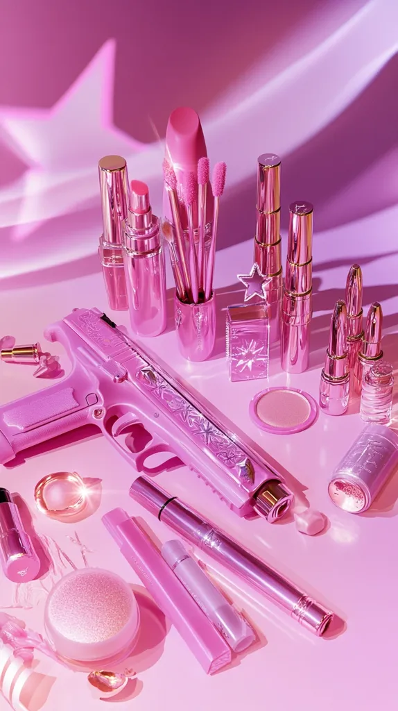 A pink-themed still life featuring an array of cosmetics and a pink handgun.  Lipsticks, lip gloss, mascara, and makeup brushes are arranged artfully on a pink surface.  The handgun, also pink, is prominently displayed, adding a contrasting element to the feminine beauty products.  The overall aesthetic is vibrant and playful, with a focus on bright pink hues and glittering textures.