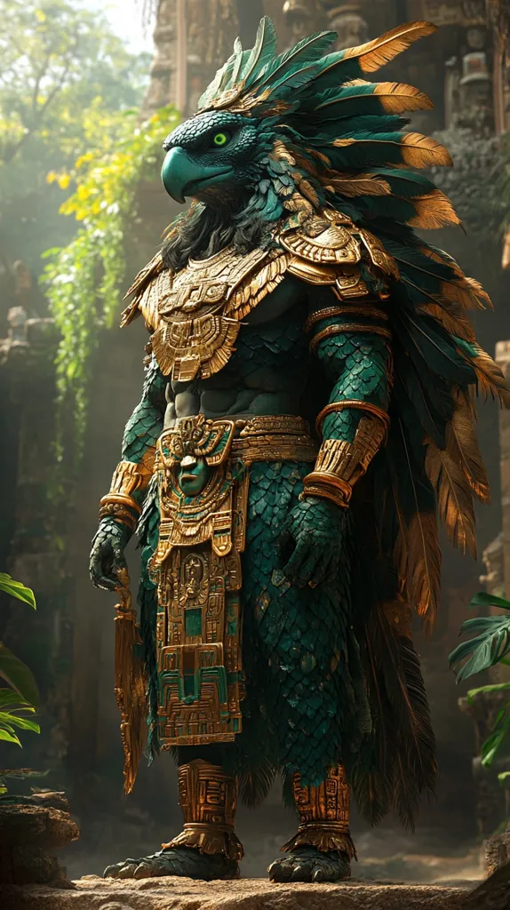 A majestic, anthropomorphic eagle warrior stands amidst ancient ruins.  Clad in ornate gold and jade armor, intricate Mayan-inspired designs adorn his attire.  His piercing green eyes and powerful physique suggest both strength and wisdom. The lush jungle backdrop adds to the mystical and powerful aura of this striking figure.