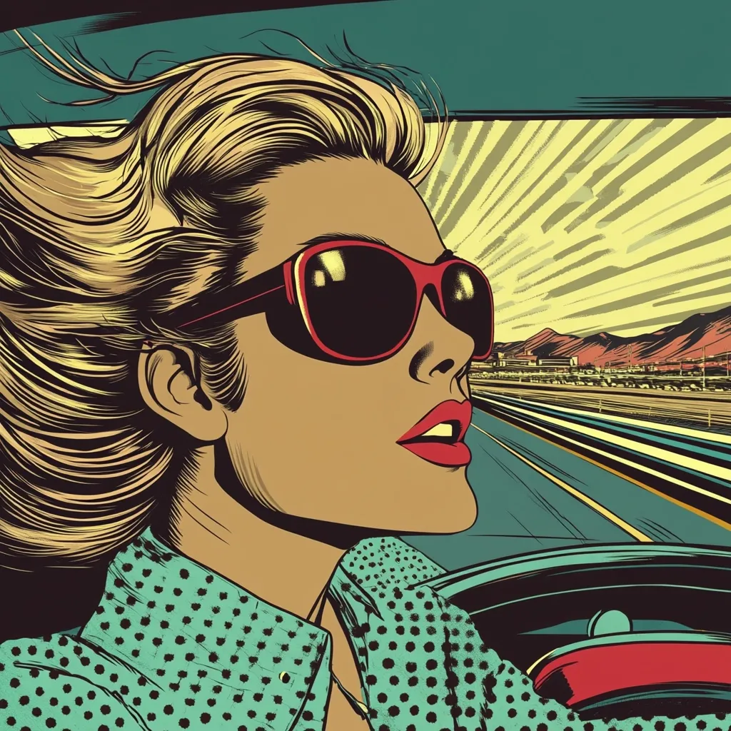 A stylized pop art illustration depicts a woman with blonde hair blowing in the wind, wearing red sunglasses and a teal polka-dot shirt.  She's driving a car, the road stretching into a sun-drenched desert landscape visible through the car window. The vibrant colors and bold lines create a dynamic and energetic scene, reminiscent of classic comic book art.