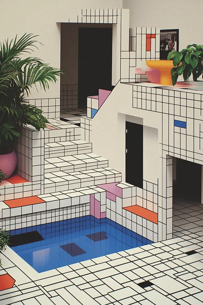 A vibrant, geometric indoor space features a small rectangular pool, steps leading upward, and various platforms. The design is characterized by bold black lines creating grid patterns on white tiles.  Pops of color—orange, pink, and blue—accent the monochrome scheme. Tropical plants add a touch of nature to this meticulously designed, almost surreal, architectural scene.  The overall effect is strikingly modern and artistic.