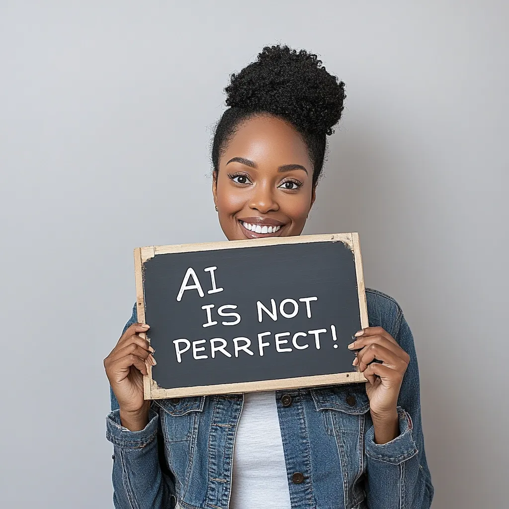 A young Black woman with a joyful expression holds a small chalkboard in front of her face.  The chalkboard reads, "AI IS NOT PERRFCT!" in handwritten white lettering.  She's wearing a denim jacket and a simple white shirt, her hair styled in a high bun. The background is a plain, light gray. The image conveys a message about the imperfections and limitations of artificial intelligence.