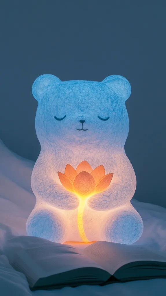 A serene image depicts a light-blue, bear-shaped lamp emitting a soft glow.  The bear holds a luminous orange lotus flower at its center. The gentle light illuminates an open book resting on a white bedspread, creating a calming and peaceful bedtime scene.  The overall aesthetic is minimalist and soothing.